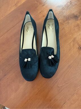 Vince Camuto Black Tassel Loafers with Gold Accents